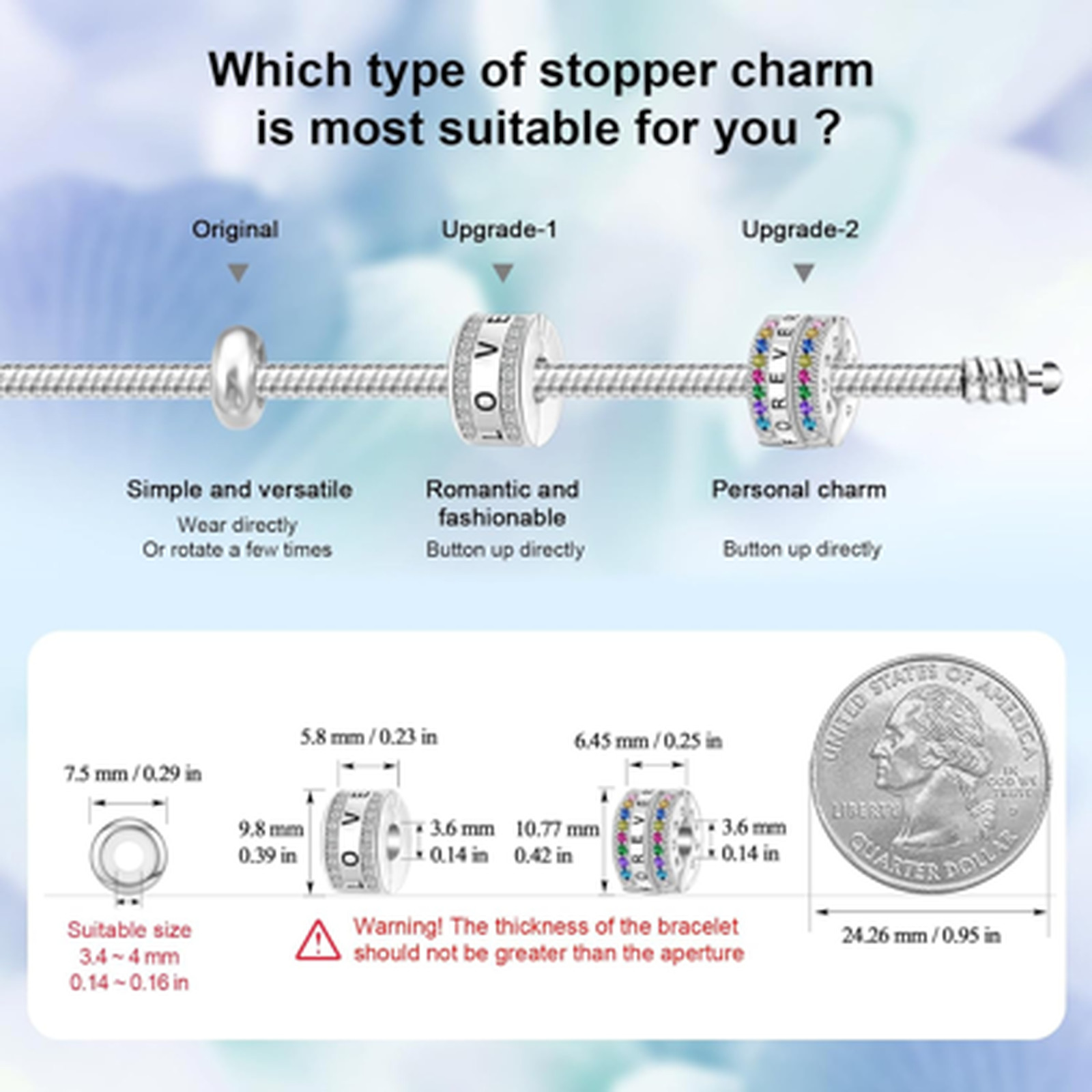 Sterling Silver Bead Stopper Clips for Bracelets 925 Spacer Charm 0.42×0.25 inch