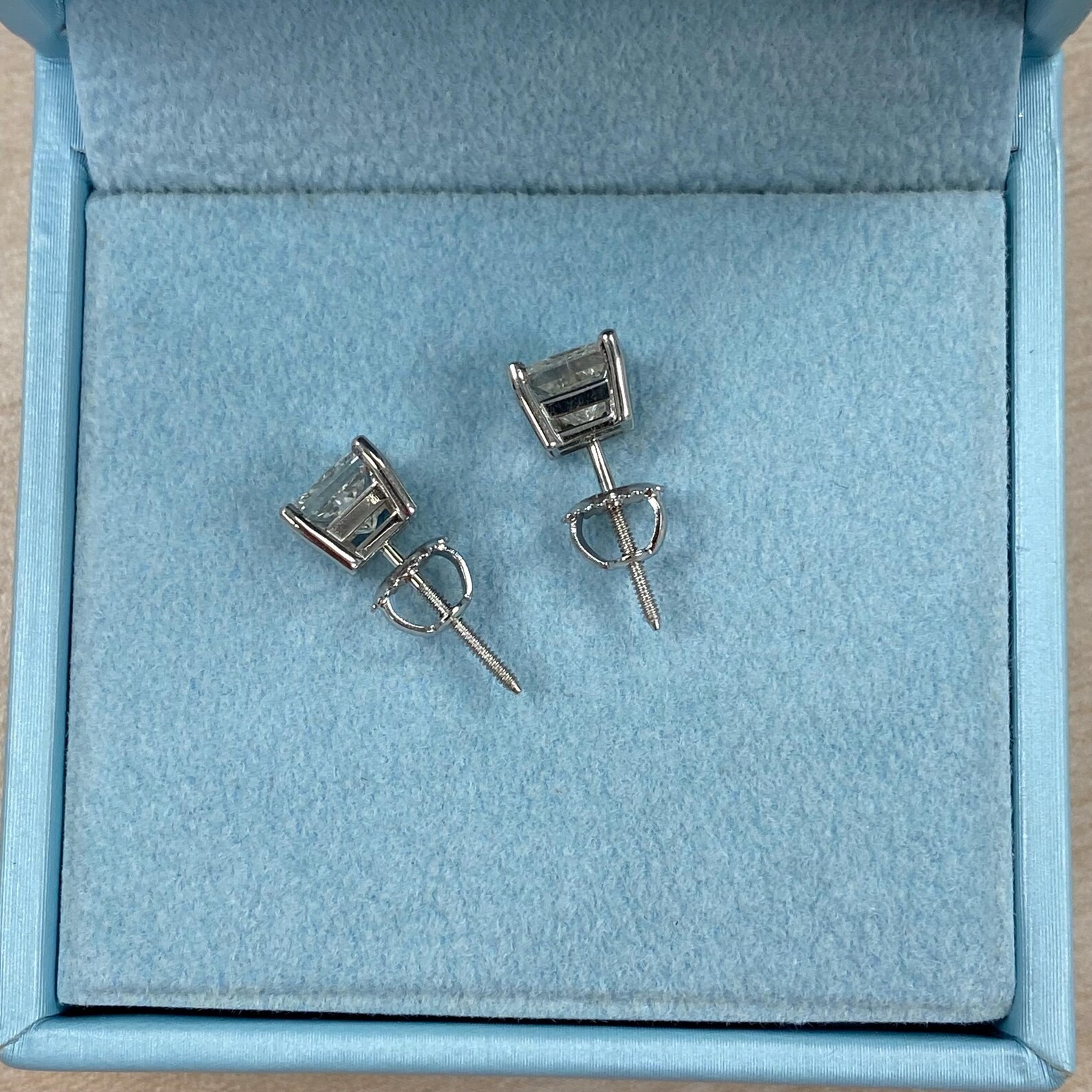 Princess Cut Natural Diamond Stud Earrings, 14k White Gold, Certified 1.27 Ct