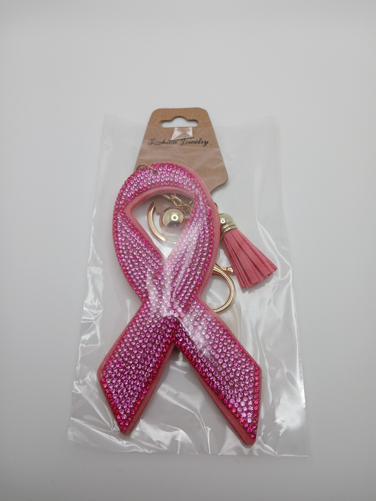 Pink ribbon rhinestone tassel breast cancer awareness keychain (New) Set of 4