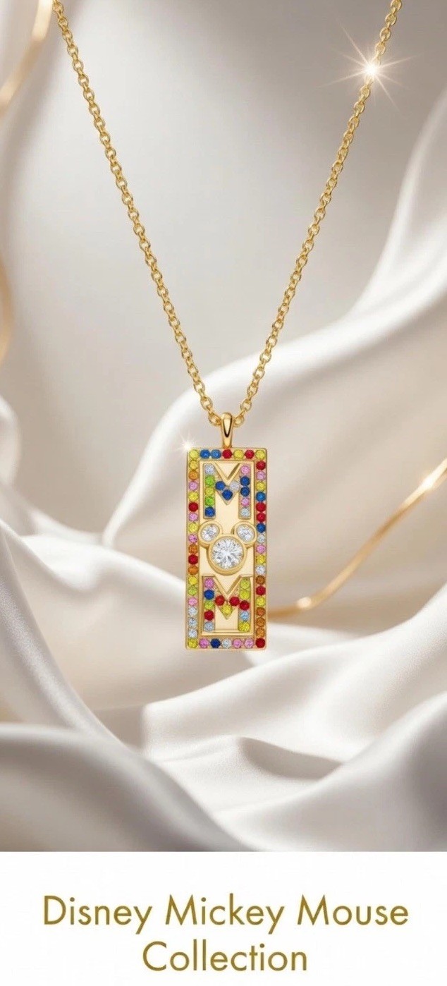 Mickey Mouse “MOM” 14k Gold Flash Plated Multicolor Crystal Bar Disney Necklace