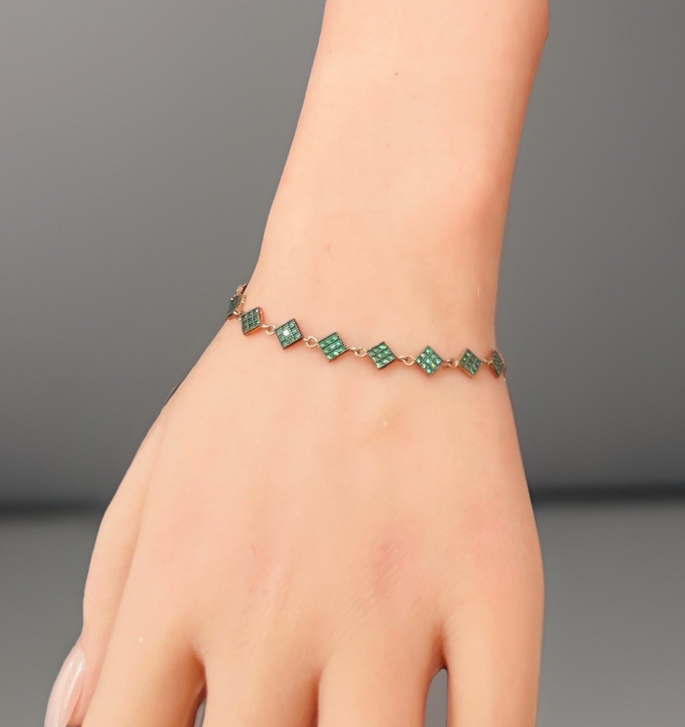 Green Stone Lozenge Geometric Station Bracelet Rose Gold On Sterling Adjustable