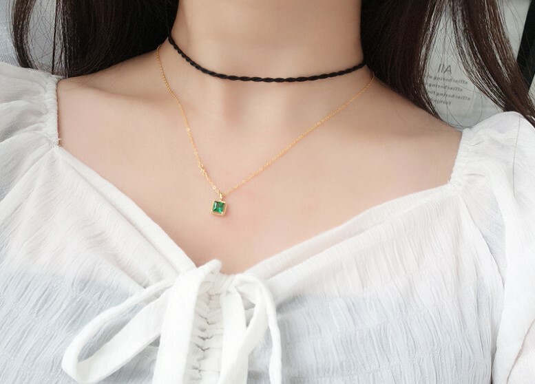 14k Gold Plated Sterling Silver Square Green CZ Pendant Necklace Gift Box D24