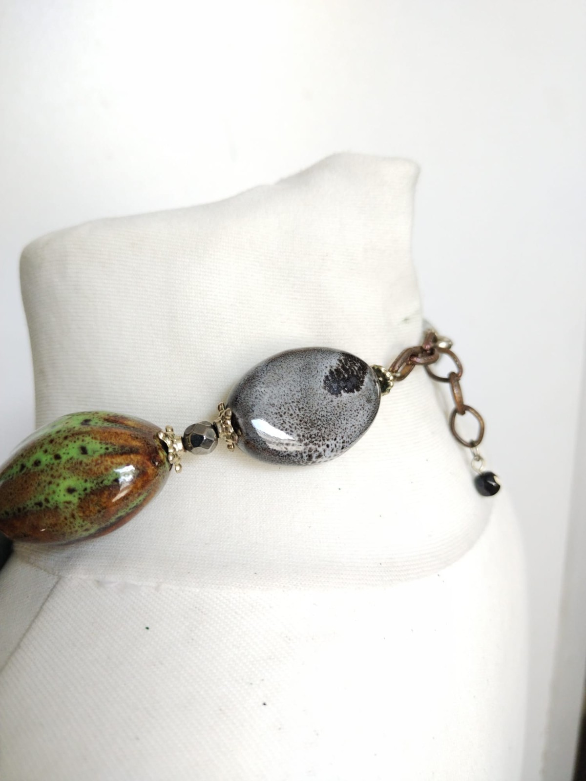 Chunky Glazed Ceramic Mixed Shapes Beaded Statement Necklace, blue green brown