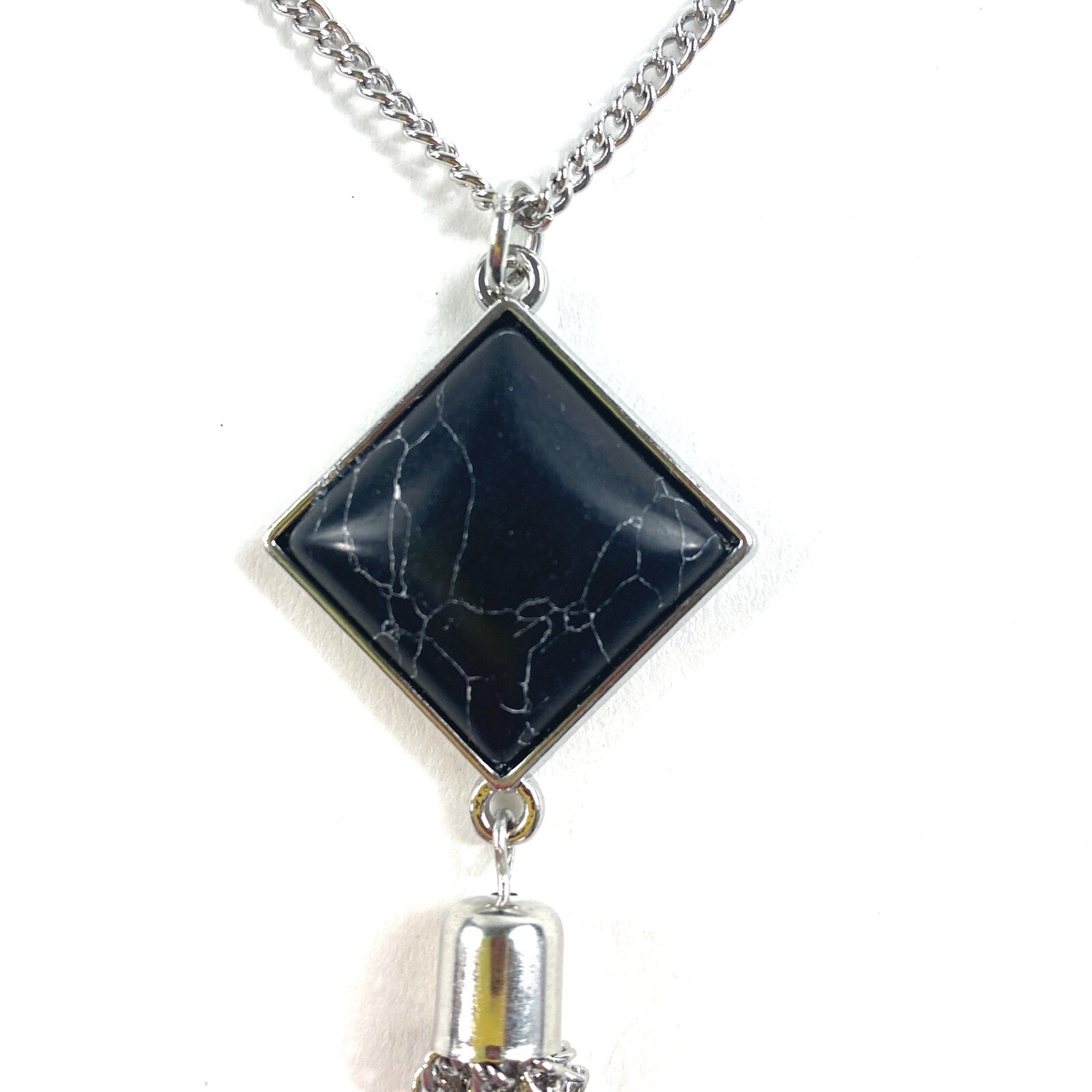 Toni 20×20 mm Composite Black Howlite Silvertone Pendant Long Chain Necklace