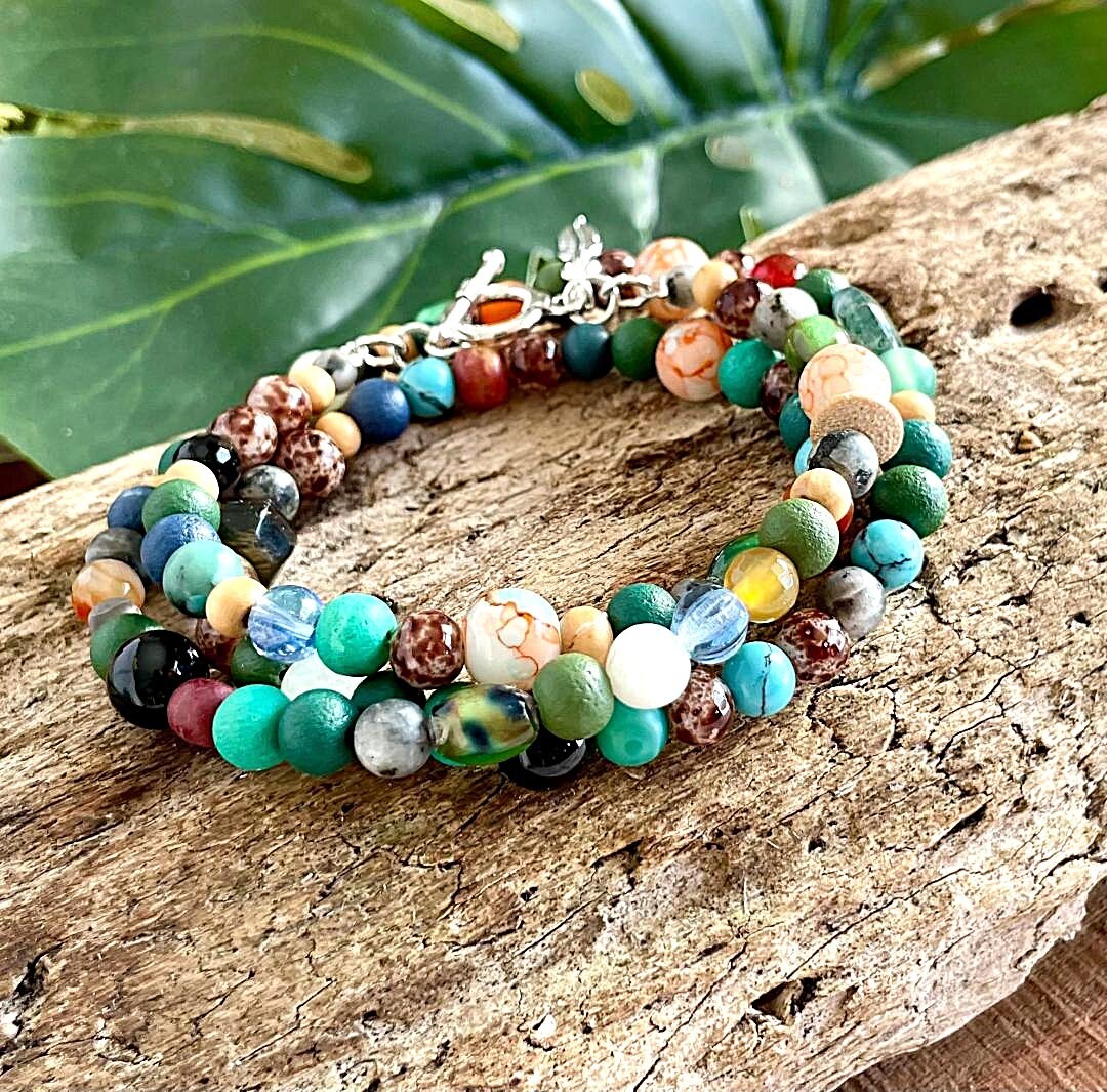 Women’s Boho Beaded Layered Wrap Around Bracelet/Necklace Gemstone Beads Feather