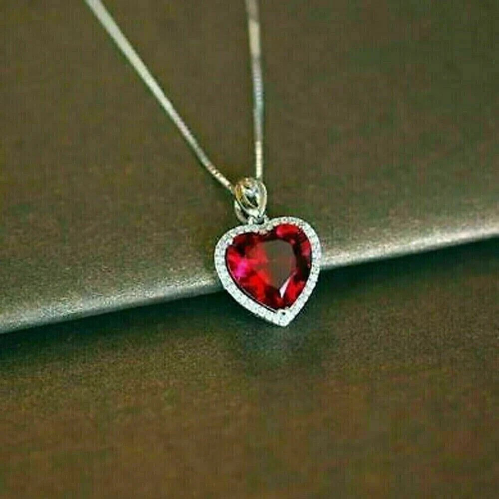 Heart Cut Simulated Red Garnet Women’s Halo Heart Pendant 14k White Gold Plated