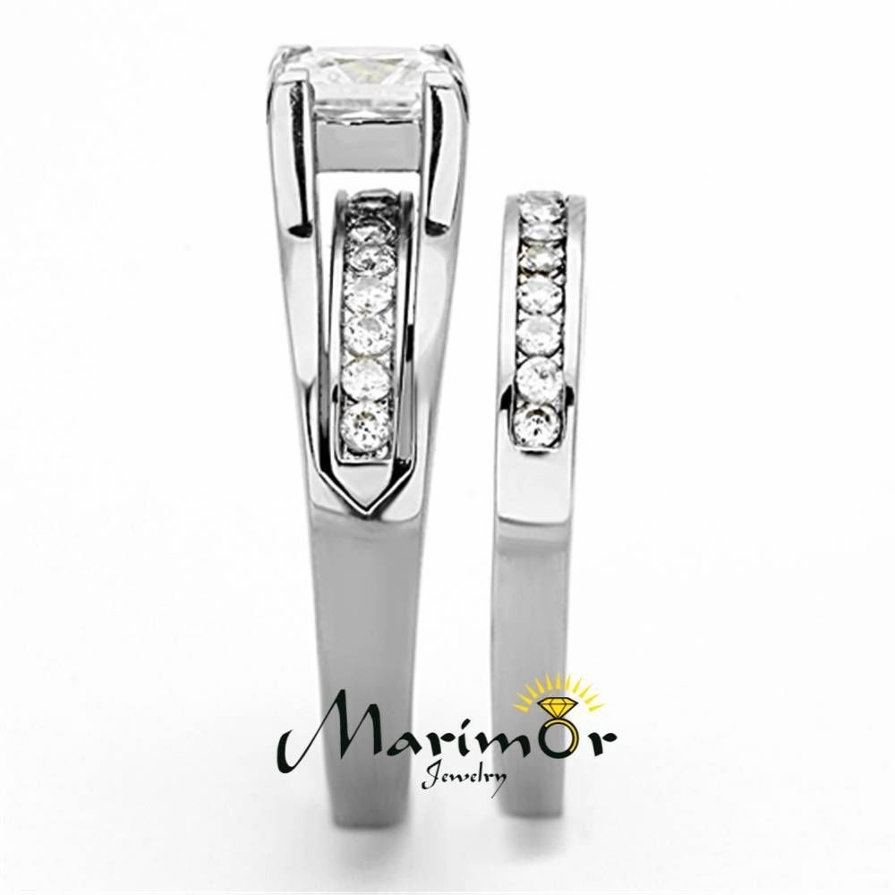 2.10 Ct Princess Cut CZ Stainless Steel Wedding Ring Set Women’s Sz 5-11