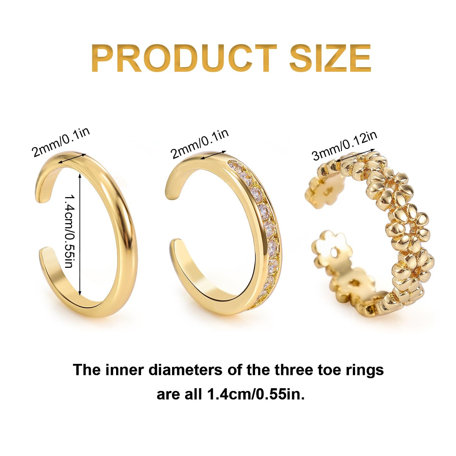 3pcs Gold Toe Rings, Open Adjustable Copper Toe Ring Set Flower Diamond Plain…