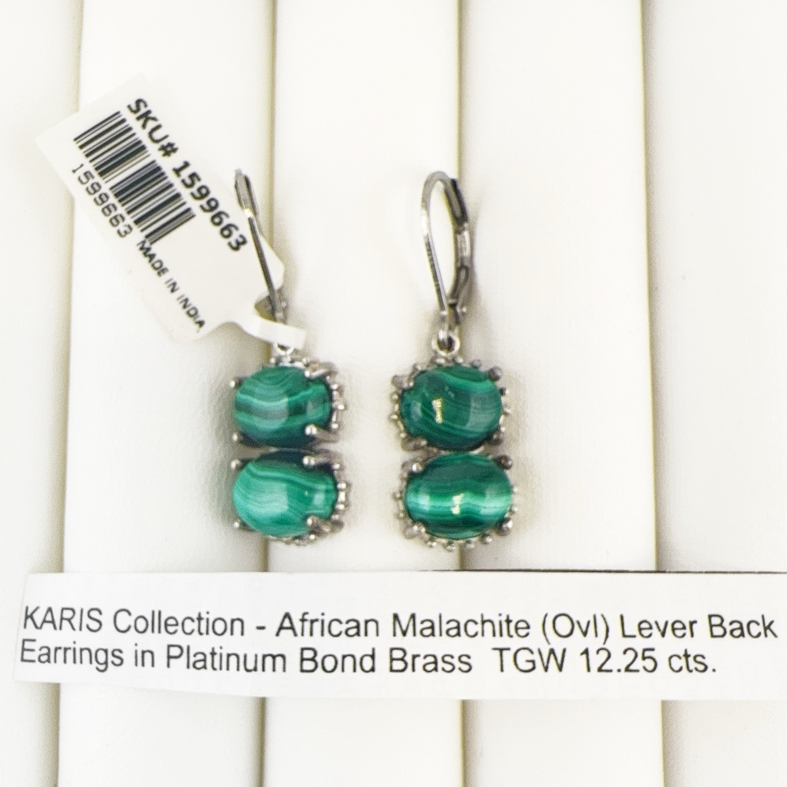 JTV Malachite Earrings Green Drop Dangle Lever Back 12.25 carats Cabochon Unworn