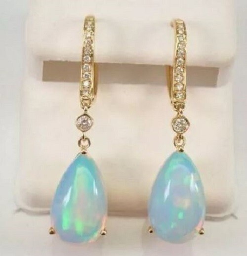 3.00 Ct Pear Cut Fire Opal & Diamond Drop Dangle Earrings 14k Yellow Gold Over