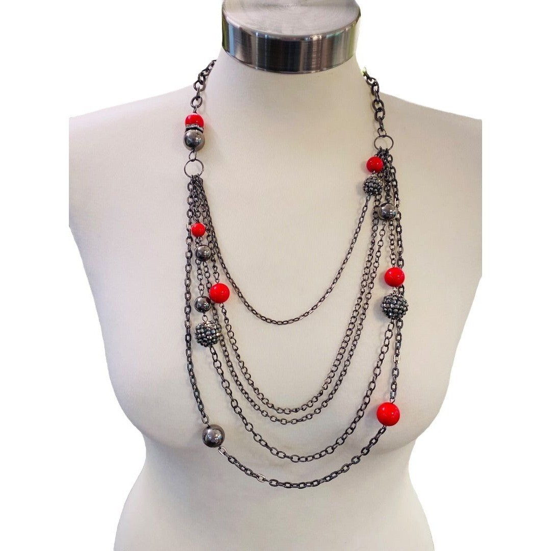 Pewter Color Layered Look Necklace Red Bead Lobster Clasp 27″ Long