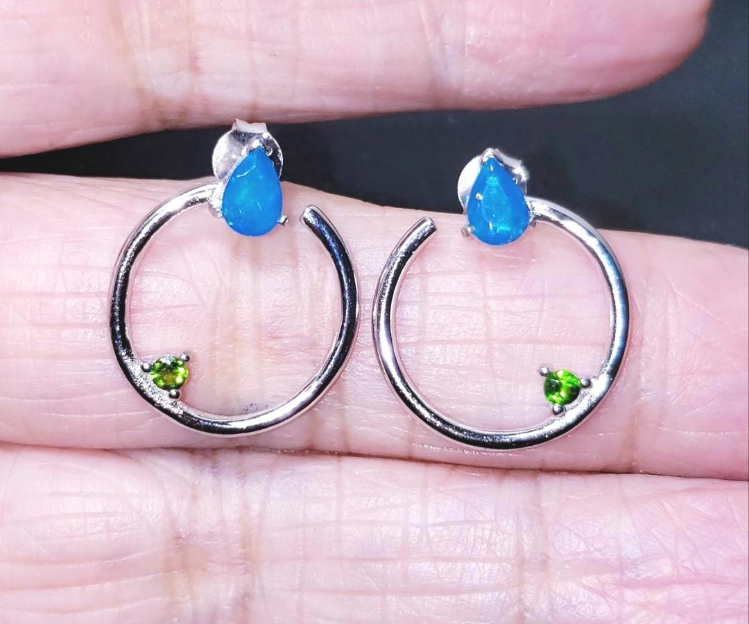 925 Sterling Natural Blue Opal & Chrome Diopside Post Earrings (2.9 grams)!