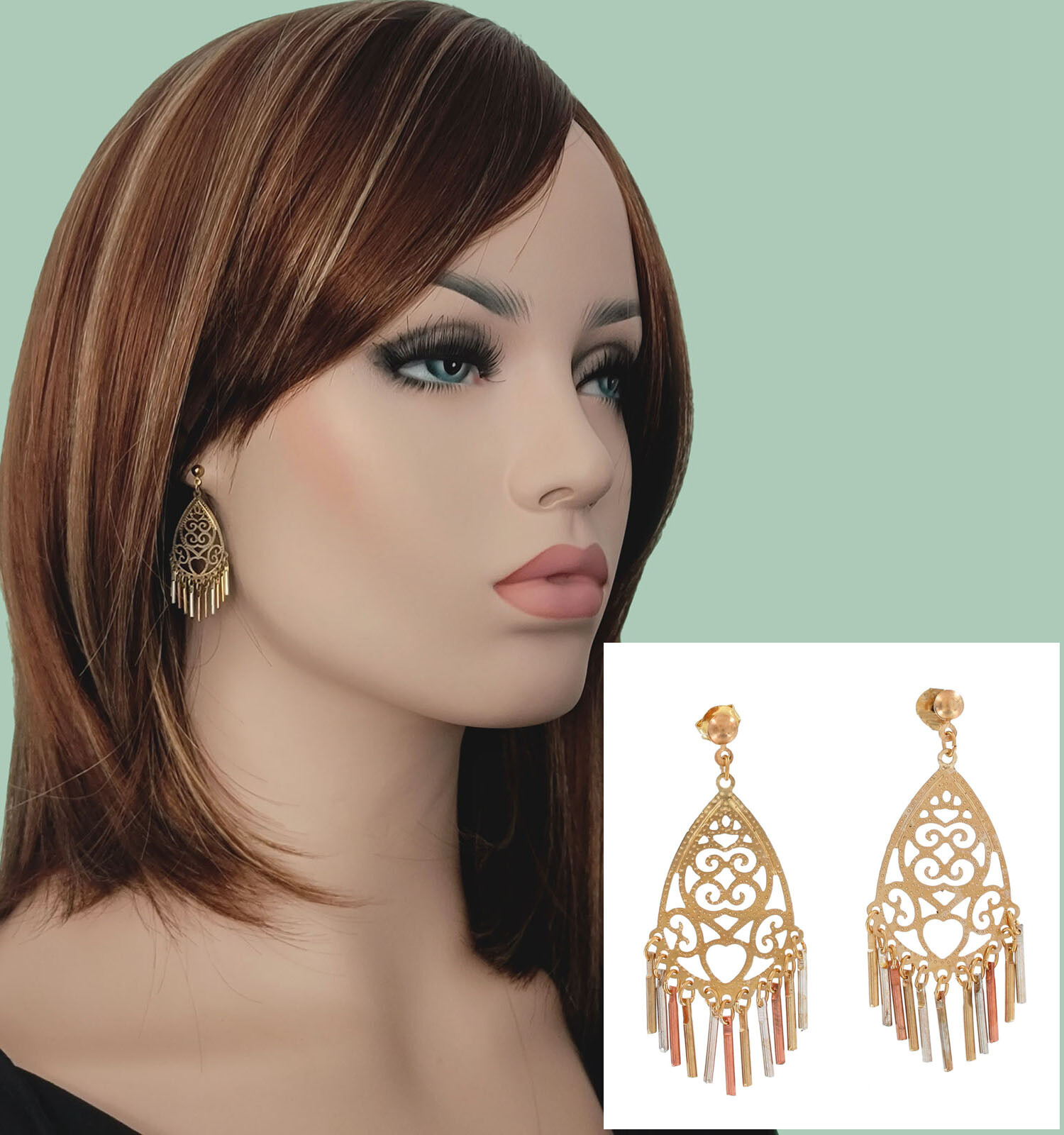Exotic Tri Tone Gold Silver Copper Chandelier Earrings 1 3/4″