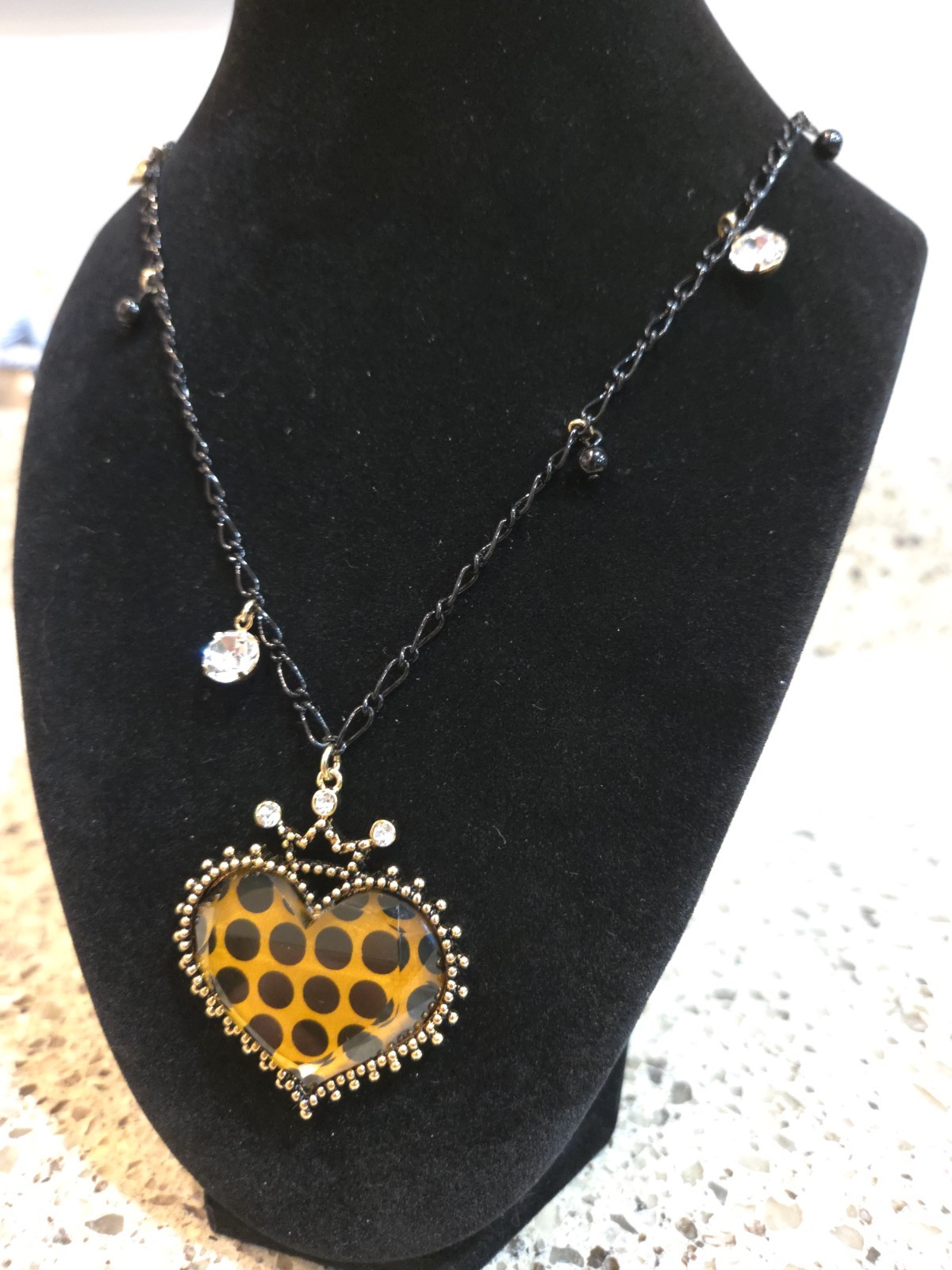 Betsey Johnson Gold & Black Tone Heart & Crown Necklace With Rhinestones 34″