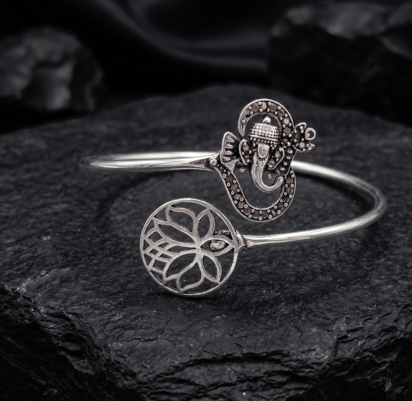Handmade Ganesha Silver Cuff Bracelet | Spiritual Adjustable Open Bangle