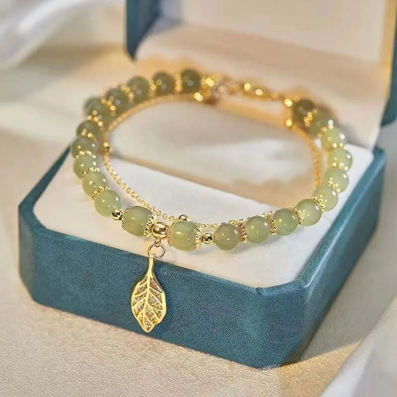 Chinese Green Hetian Jade Bracelet Retro Gold Leaf Beaded Bracelet Jewelry