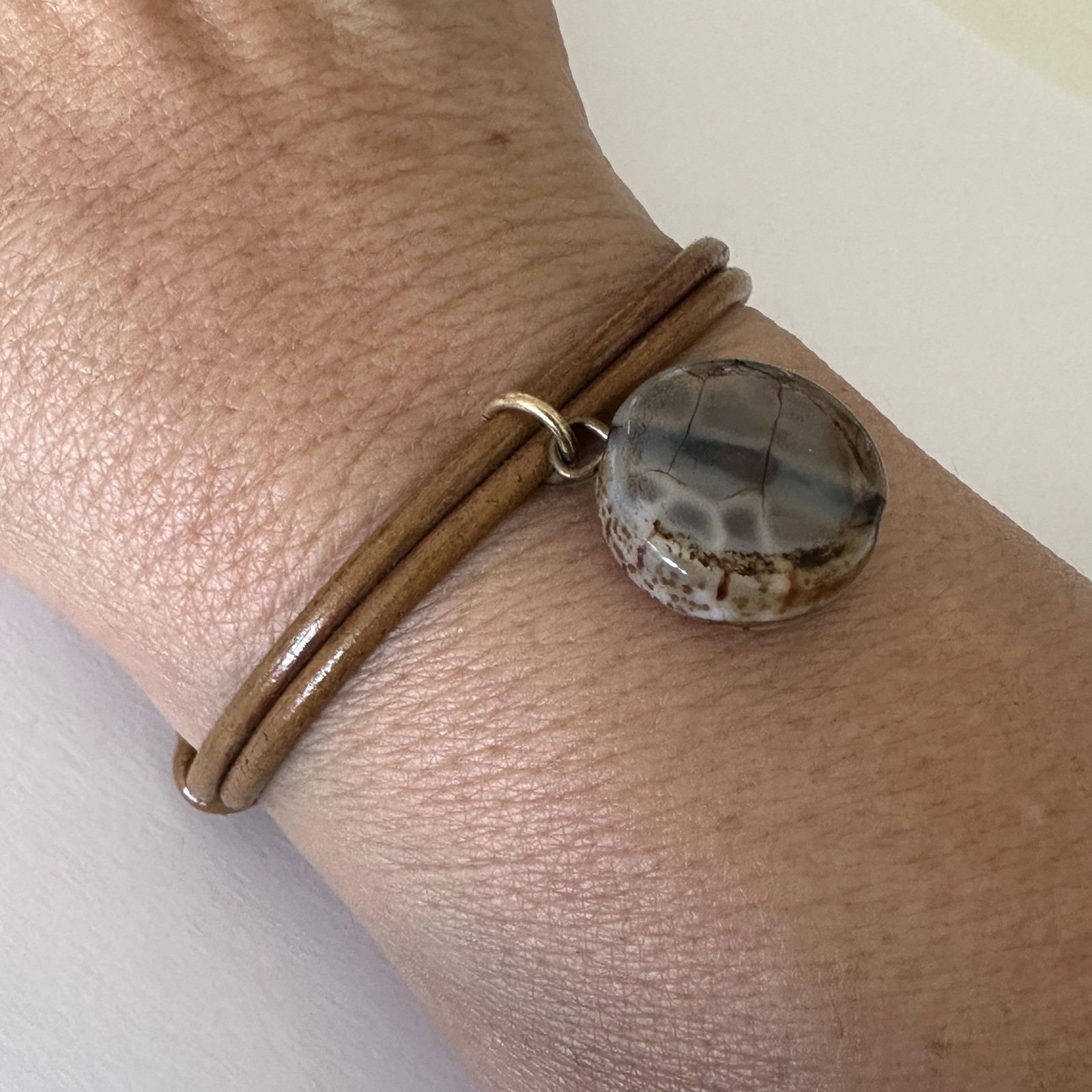 Brown Leather Stone Charm Bracelet Womens 7 Inch I Heart Santorini Travel