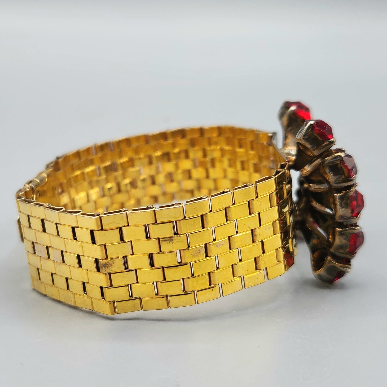 Unsigned Reinad Retro 12K GF Red Paste Crystal Brick Link Cuff Bracelet 6.5″