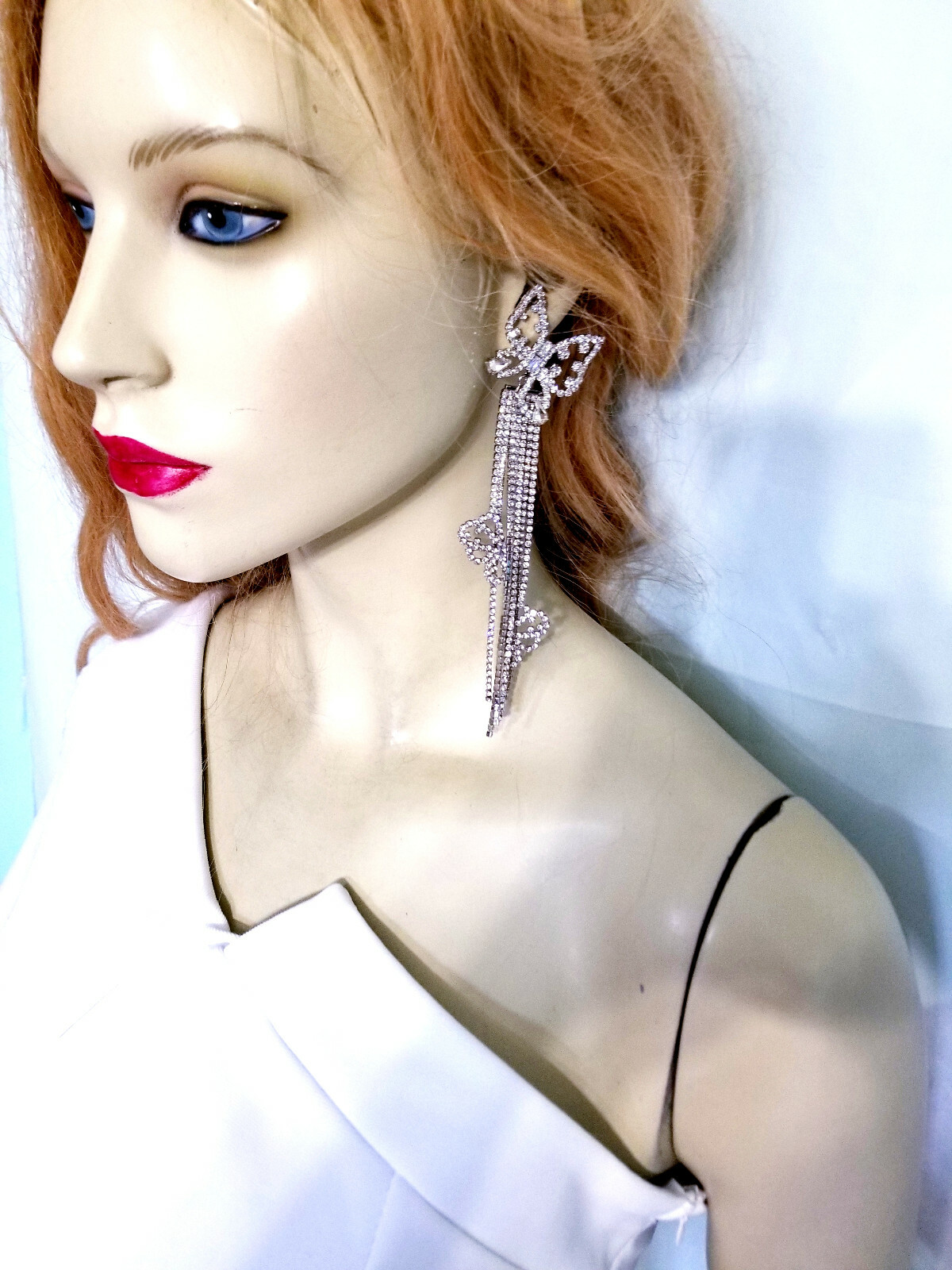 Butterfly Chandelier Drop Dangle Earrings Rhinestone Crystal 5.7 inch