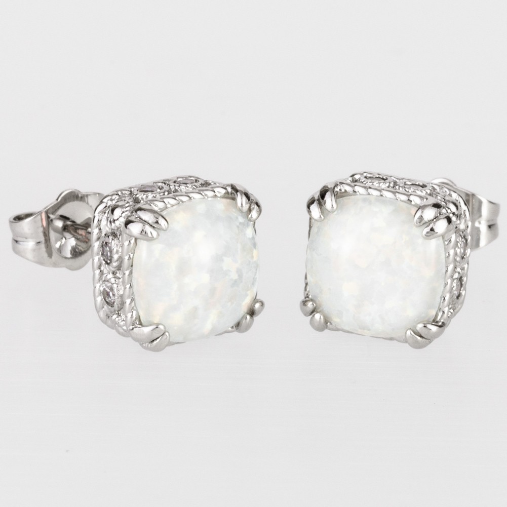 8×8 Cushion White Fire Opal Cabochon Silver Jewelry Simple Stud Earrings