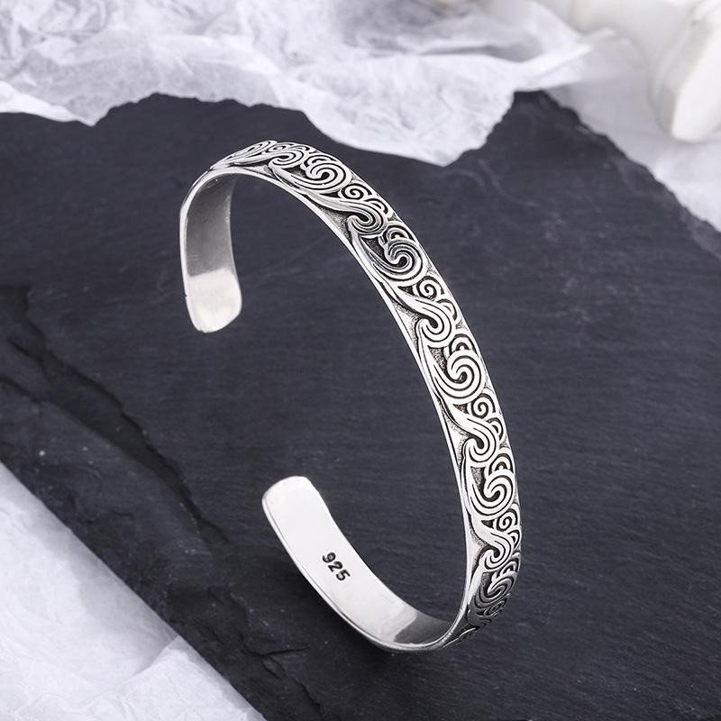 925 Sterling Silver Retro Wave Bangle Bracelet Fashion Open Cuff Jewelry Gift