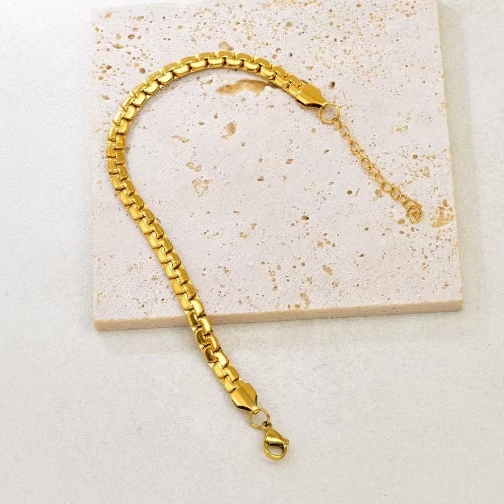 Woman 18K Gold Plated Thick Square rolo Box Curb Chain Bracelet Anti-tarnish