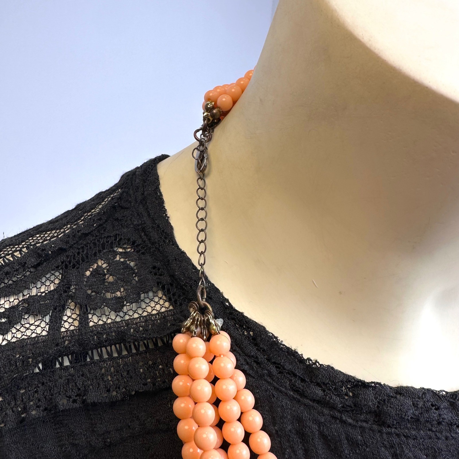 Vintage Peach Multi Strand Beaded Statement Necklace Salmon Pink 5 Tier Preppy