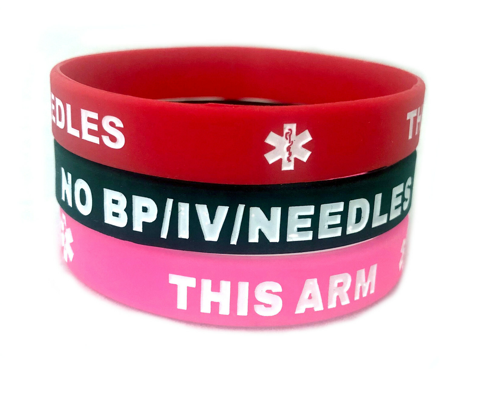 LARGE Adult Size NO/BP/IV Needles This Arm Silicone Bracelet 3 Colors (Lot of 2)