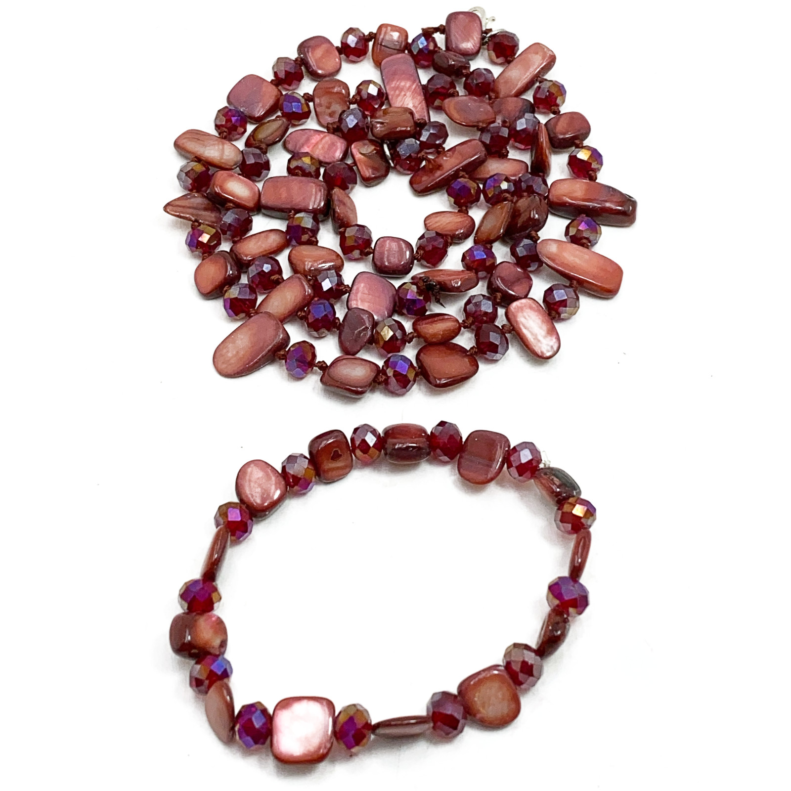 Long Red Necklace Bracelet Abalone Shell Crystal Hand Knotted 31 In