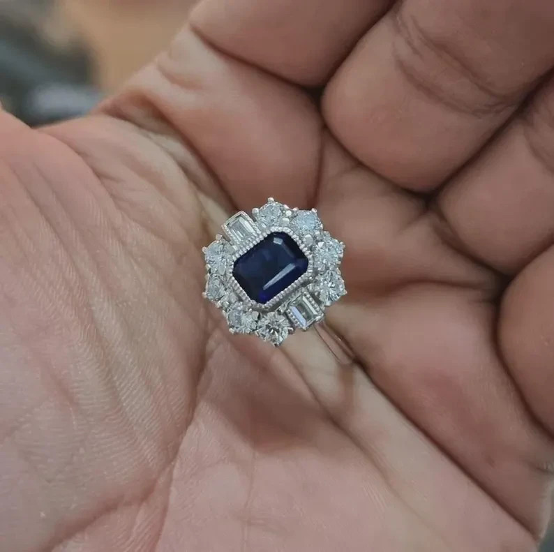 Vintage Blue Sapphire Halo Ring 925 Sterling Silver Art Deco Engagement