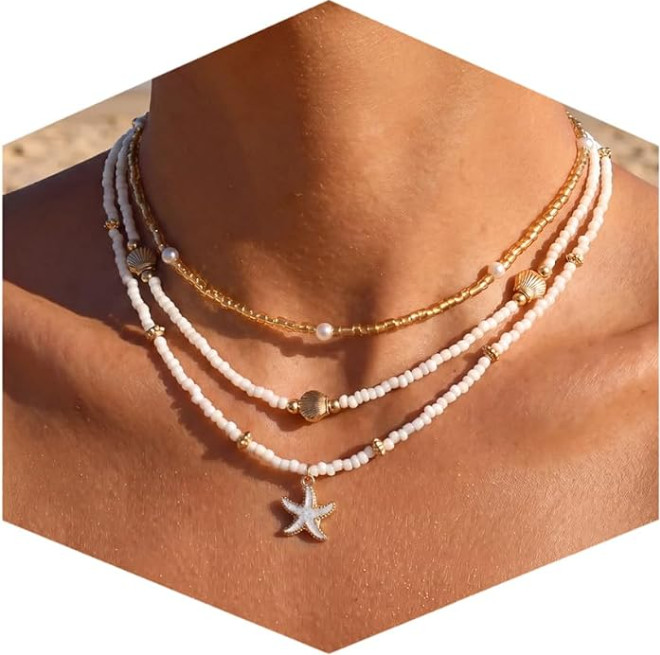 Starfish Necklace for Women, 14K Gold-Plated Boho Layered Beaded Charm Necklace,