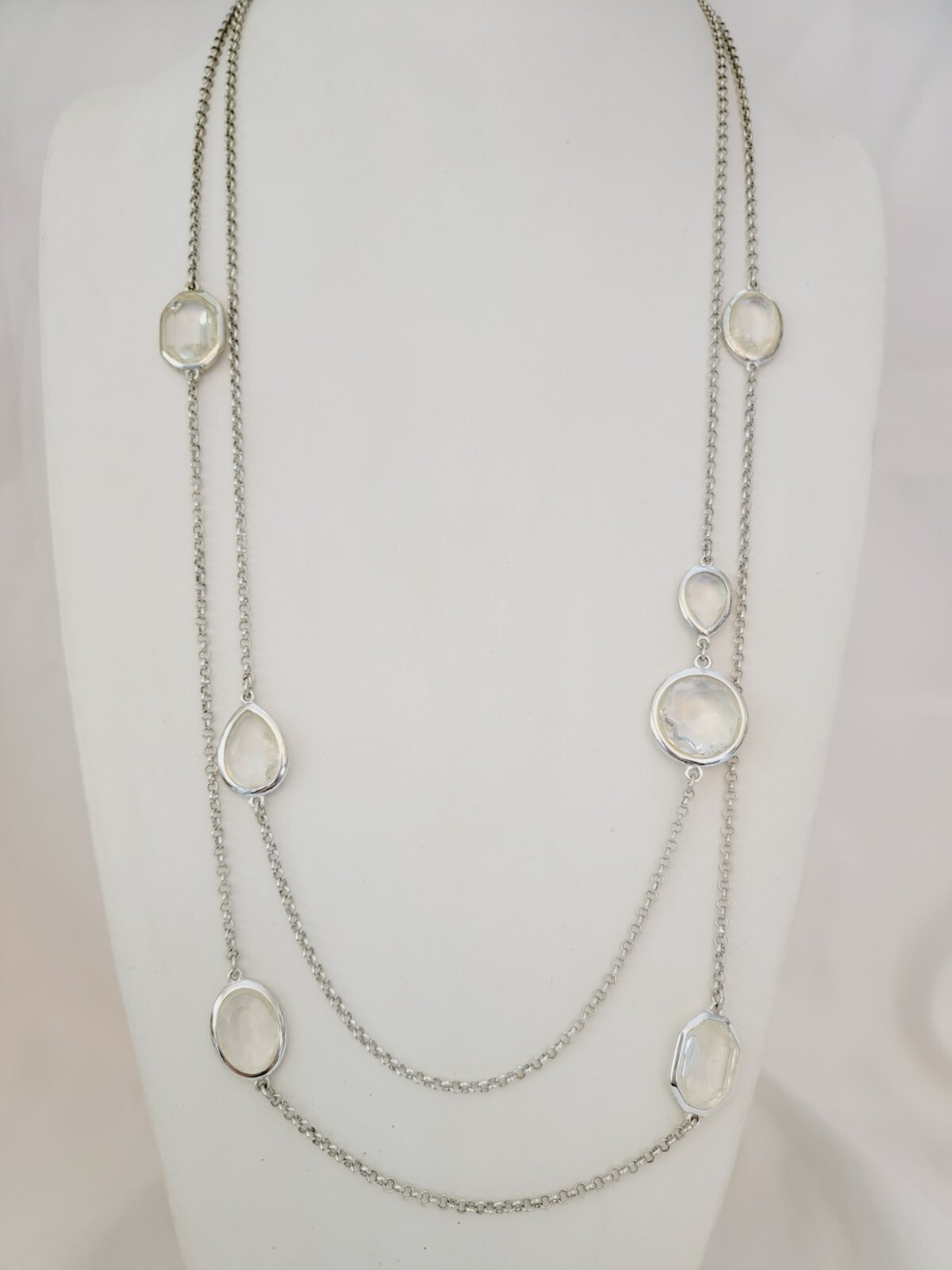 Alfani Glass Faceted Bezel Stones Mixed Shapes Silver Tone Chain Necklace 38″ L