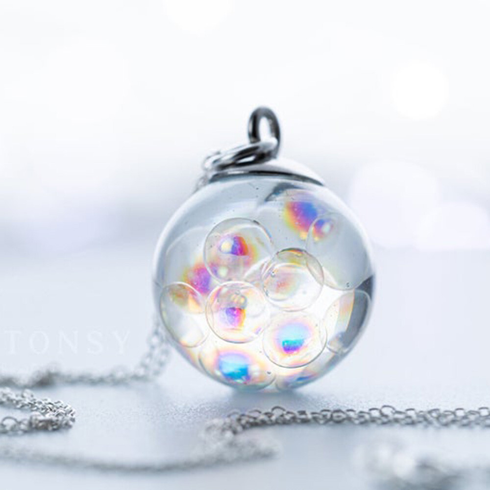 Colorful Bubbles Glass Round Ball Resin Pendant Chain Necklace Women Jewelry