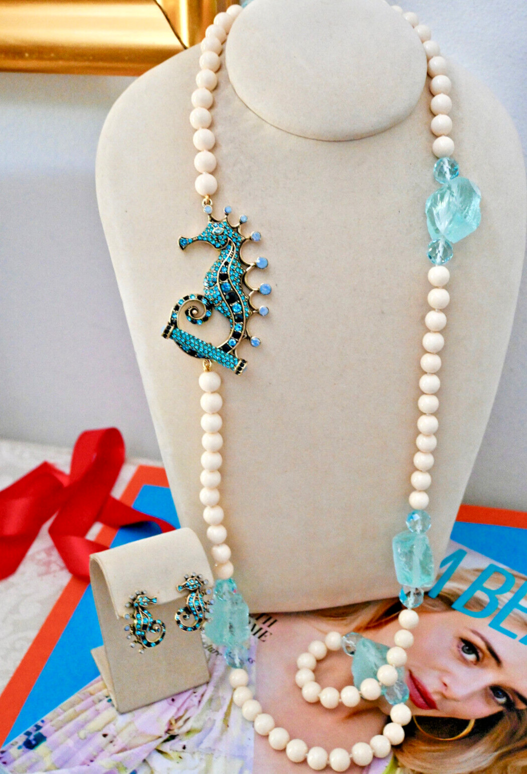 $190 HEIDI DAUS Stallion of the Sea Crystal Seahorse Necklace Sea Glass