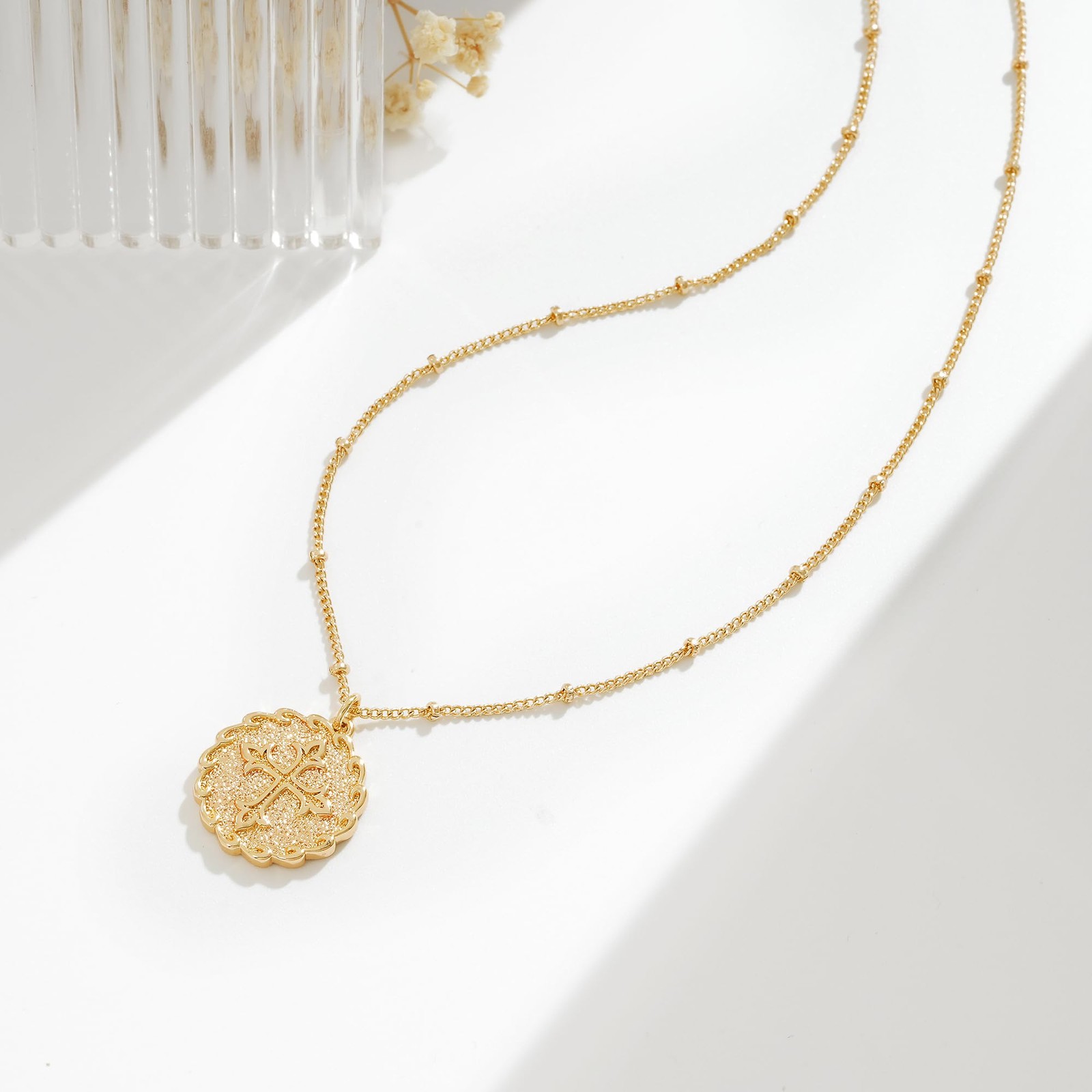 Coin Necklace 18k Gold Plated Vintage Textured Medallion Coin Pendant Round C…