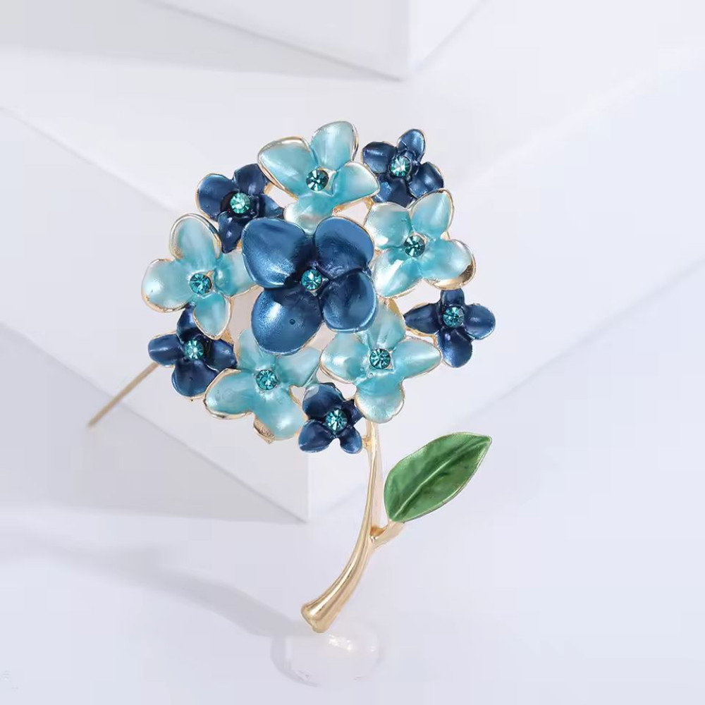 Enamel Hydrangea Flower Bouquet Brooch Crystal Floral Pin Gold Statement Jewelry