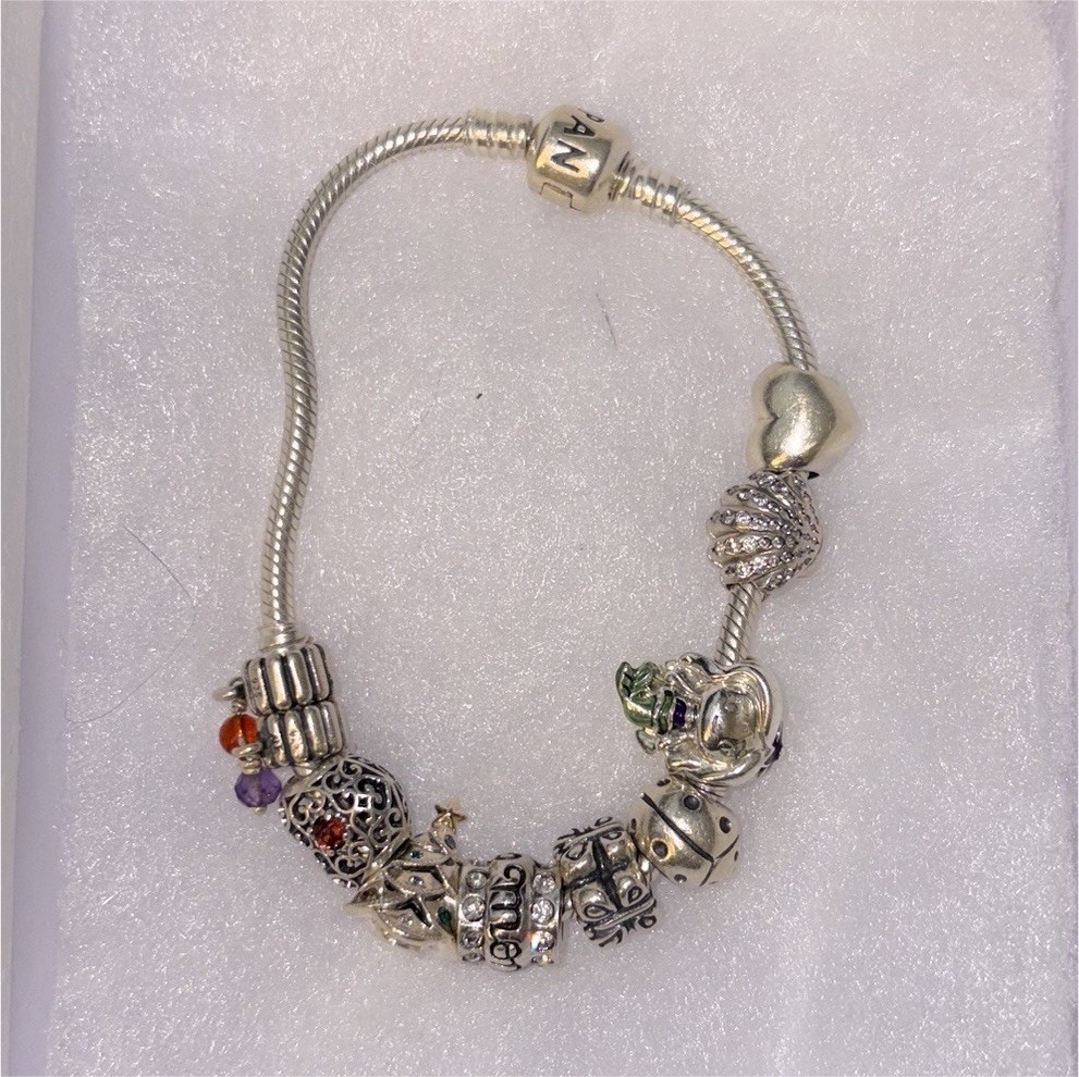 PANDORA Silver Snake Chain Charm Bracelet w/ European Charms, Crystal, Barrel