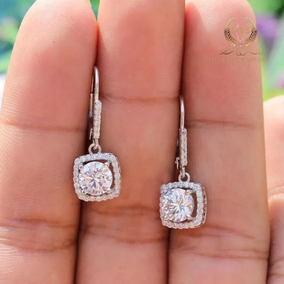Moissanite Drop/Dangle Lever Back Earrings Round Cut 2.50 CT 14K White Gold VVS1
