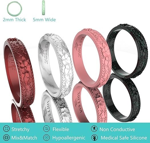 Silicone Wedding Rings for Women 4 Pack -Stackable Silicone Rubber Wedding Bands