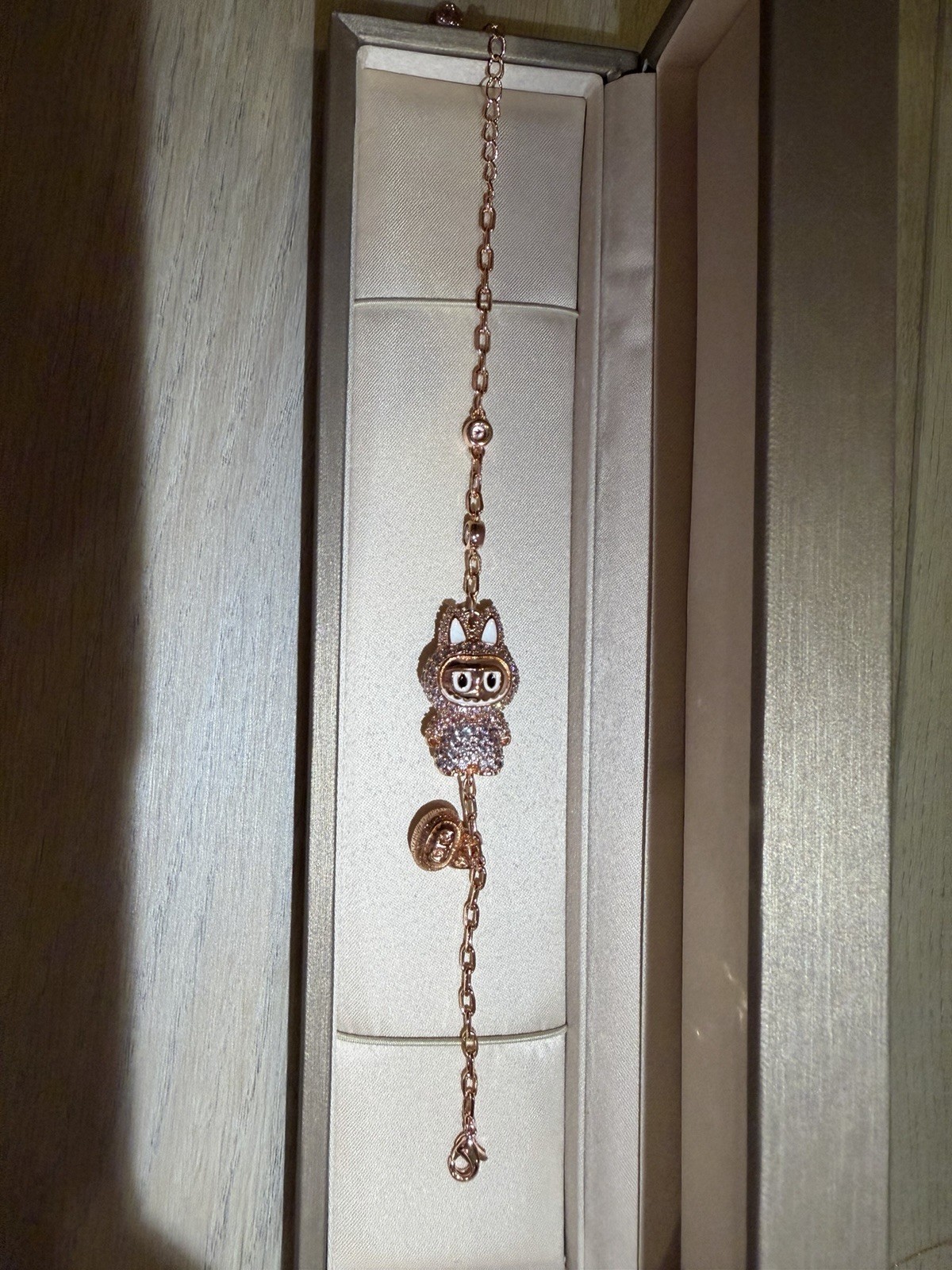 Rose Gold Plated Cat Charm Rolo Chain Bracelet, Clear Crystal, Lobster