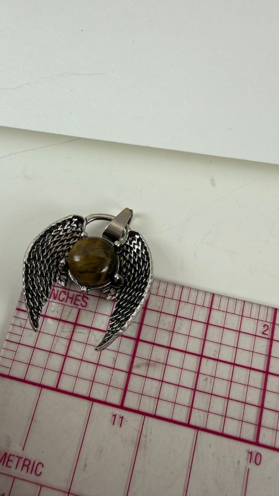 Angel Wing Tiger’s Eye Pendant | Silver Tone Fantasy Gothic Jewelry