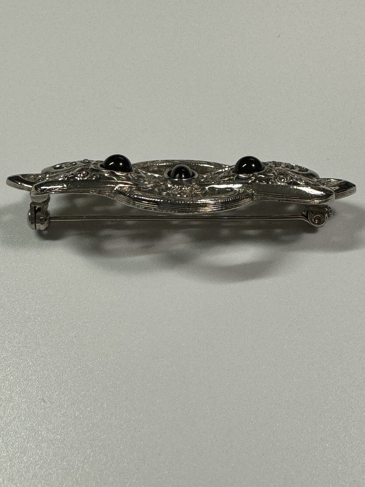 Vintage Silver Tone Brooch Bow Pin w/ Black Faux Onyx, Gothic, Victorian Style