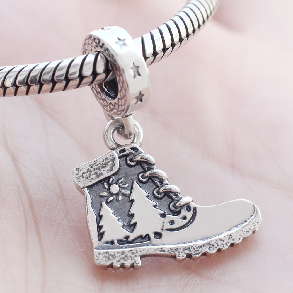 925 Sterling Silver Hiking Climbing Boot Shoes Charm Forest Sun Camping Pendant