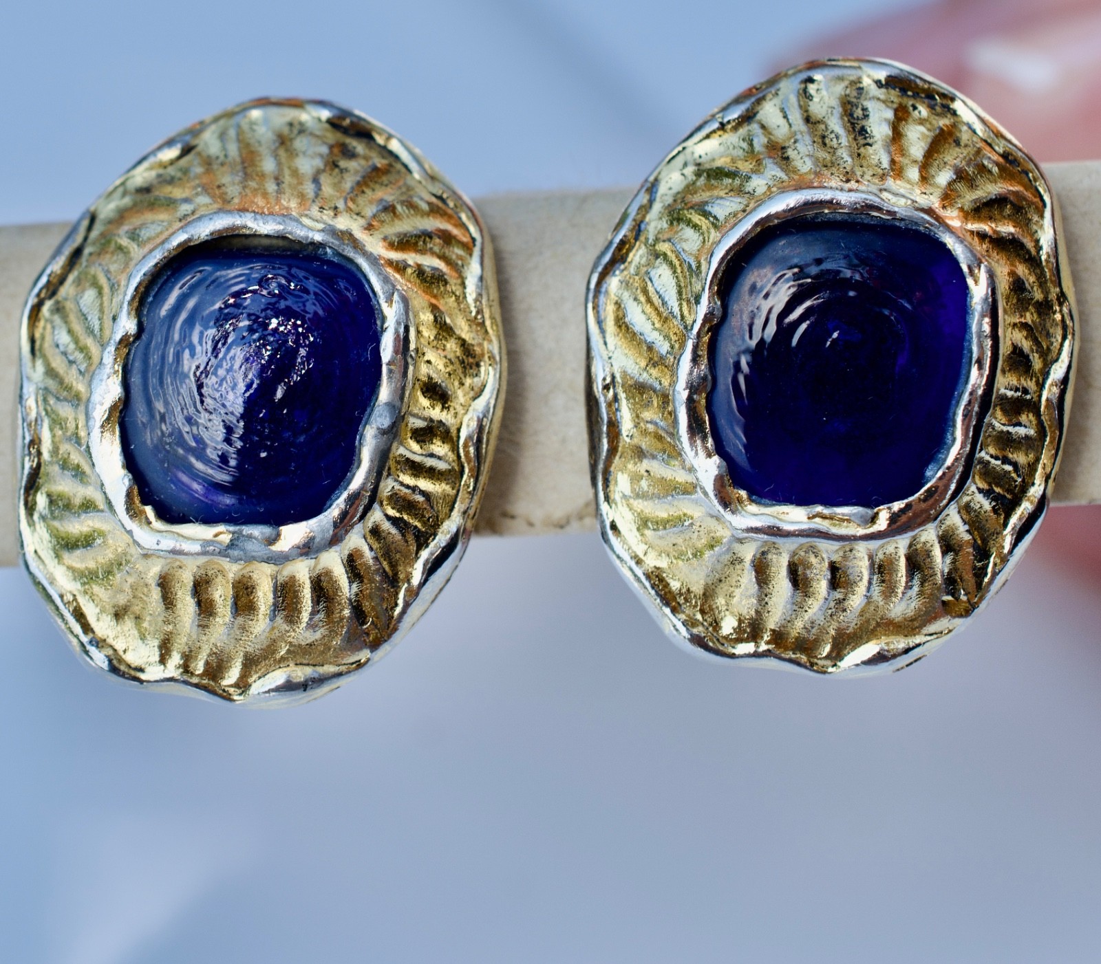 Vintage 1980’s CHANEL Blue Gripoix Glass Clip-On Earrings 1 1/4 inch