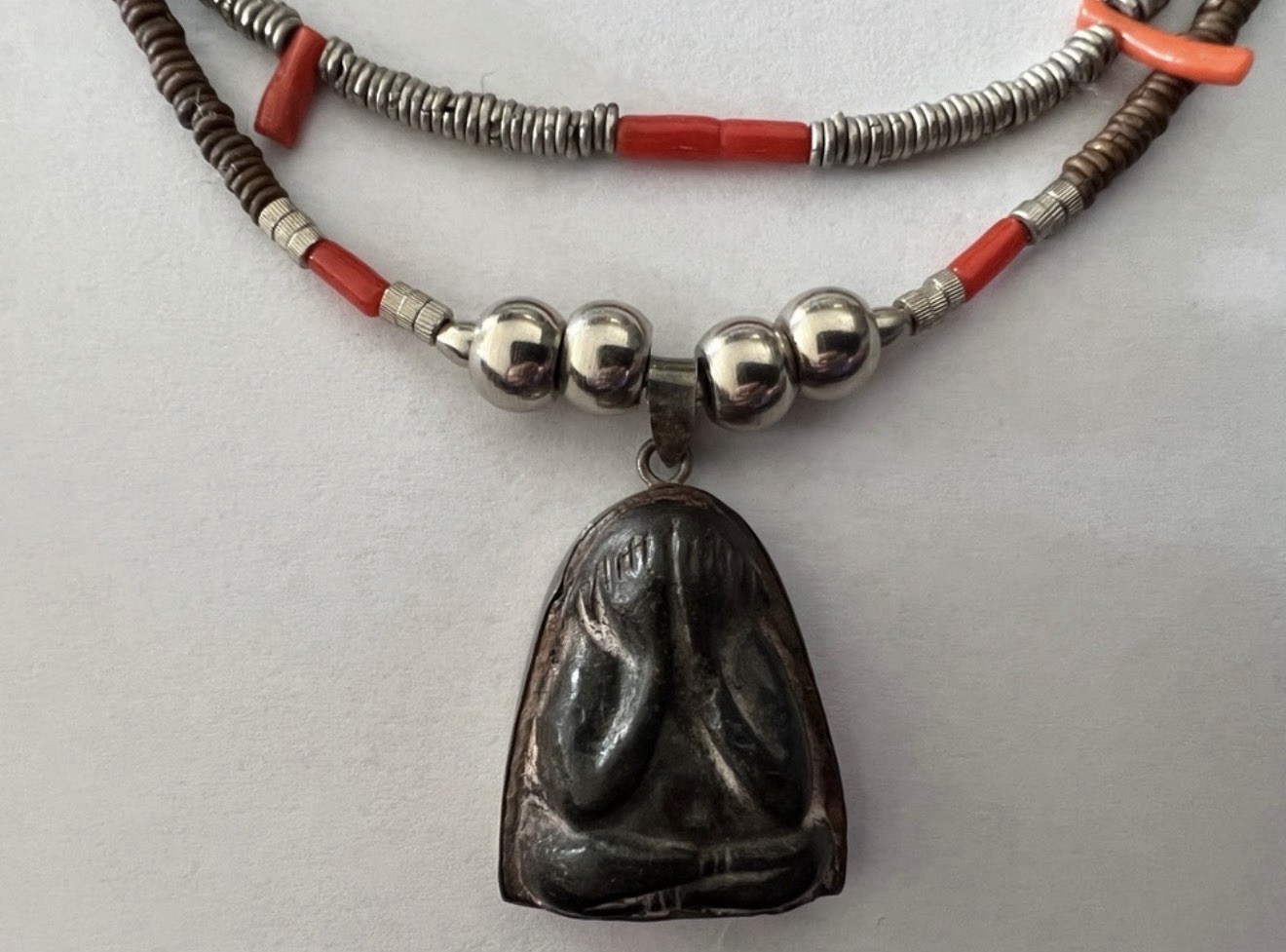 Vintage Phra Pidta 925 Sterling, Copper & Coral Beaded Necklace w/Charm Pendant