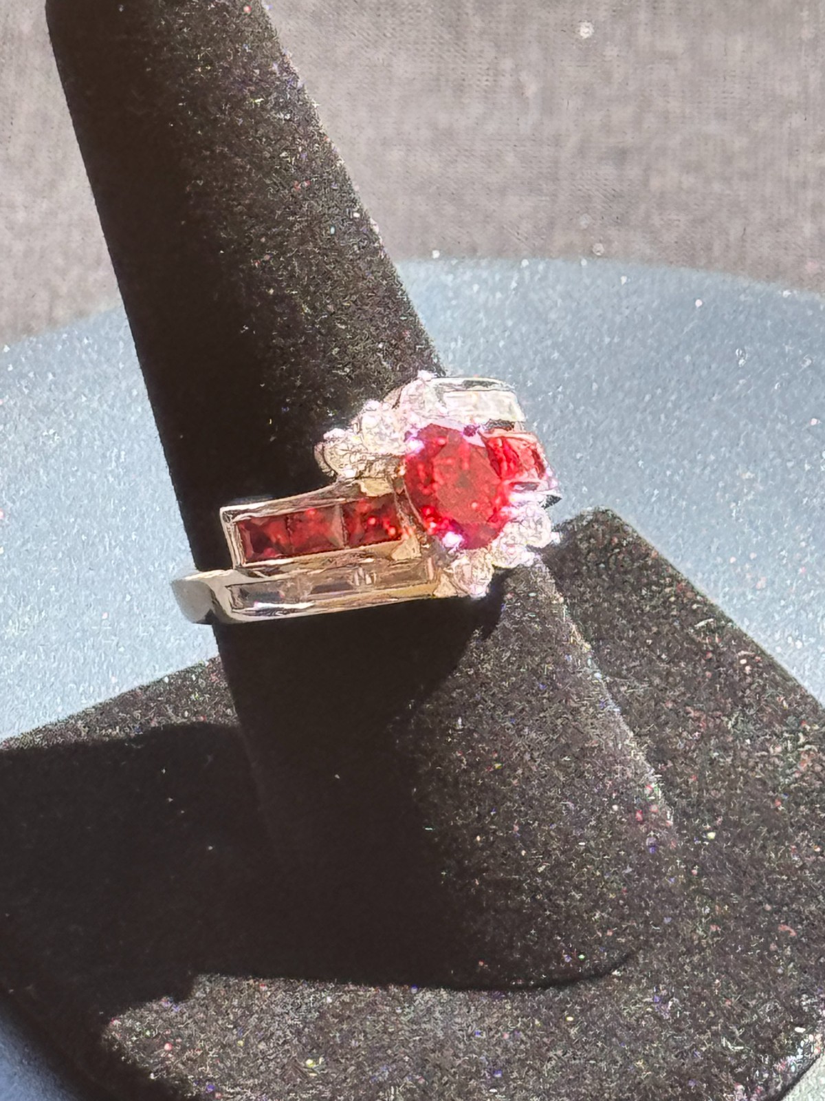 Unique Red Oval Statement Ring with Round Accents Size 9 Free Shipping