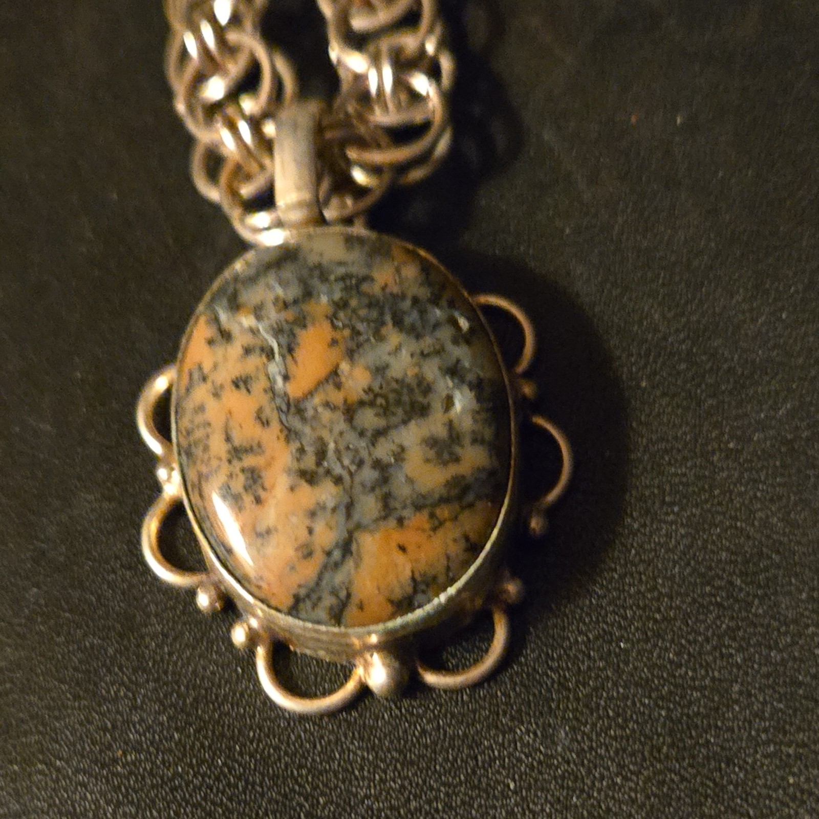 Silver Chain Necklace with Oval Multicolor Jasper Stone Pendant