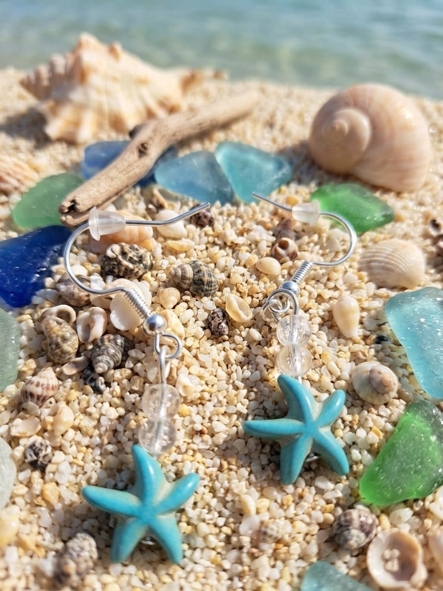 Beachy Blue Starfish Dangle Earrings Clear Glass Bead Summer Coastal Ocean Gift