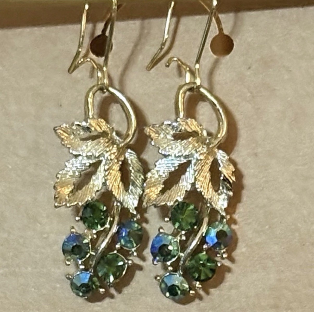 Gold Tone Leaf Dangle Earrings Green & Blue Crystal Cluster Long Hook Ear Wire