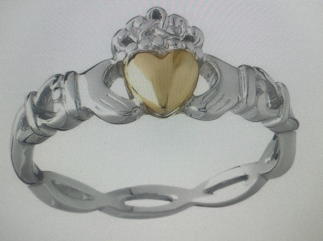 Women’s Claddagh Ring, 10K Yellow Gold Heart & 925 Sterling Silver Weave Band